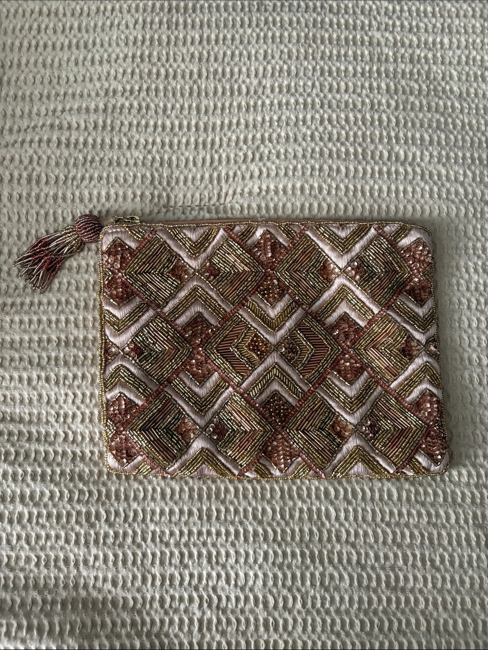 Beaded Geometric Rose Gold Wristlet Clutch NWOT